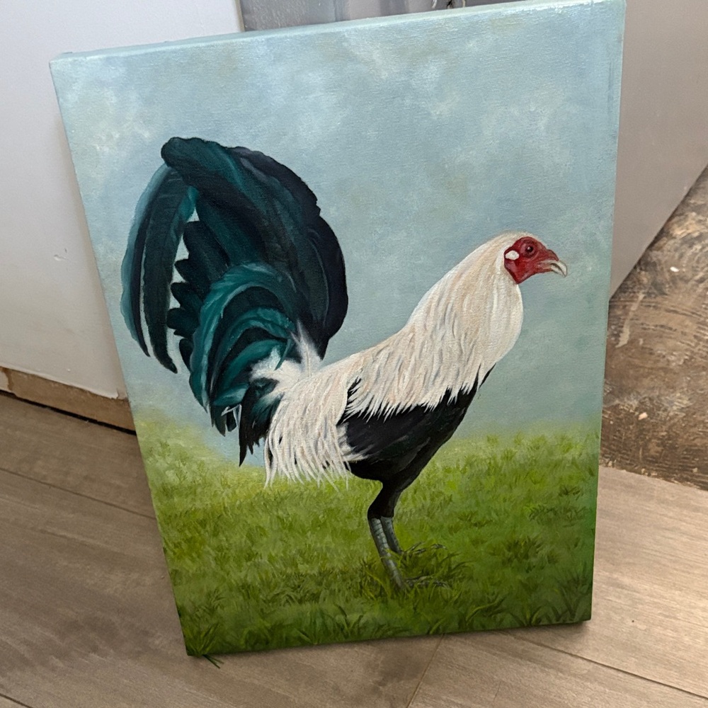 Elegant Rooster Canvas Art - Black, White, Green